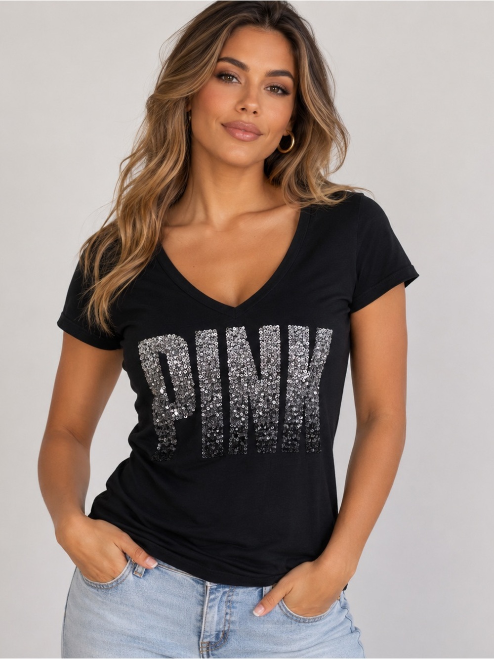 Victoria’s Secret PINK Black Sequin Logo V-Neck Tee Shirt Size M Silver Sparkle